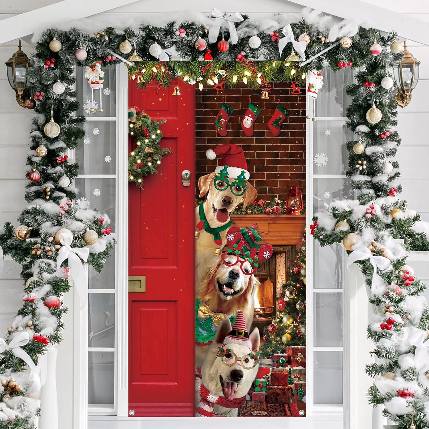 Christmas Door Cover Decoration Funny Merry Christmas Door Cover Backdrop Cute Santa Dog Background For Xmas Holidays New Year Party Winter Decoration 70 X 35 Inch