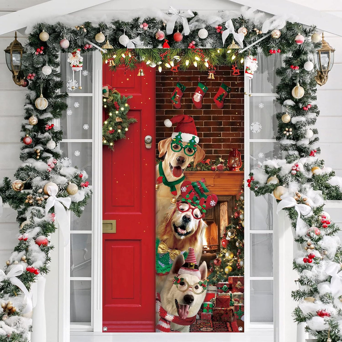 Christmas Door Cover Decoration Funny Merry Christmas Door Cover Backdrop Cute Santa Dog Background For Xmas Holidays New Year Party Winter Decoration 70 X 35 Inch