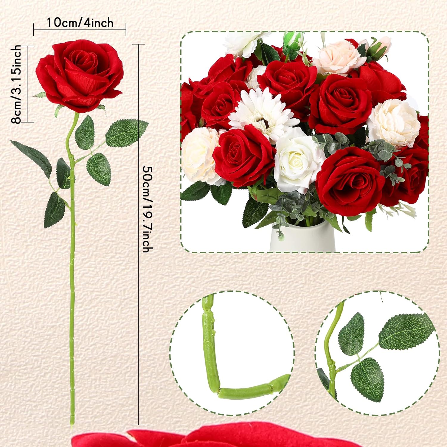 60 Pcs Giant Velvet Roses Artificial Flowers Heavy Velvet Rose Fake Flowers Bulk Artificial Roses Bouquet With Long Stems For Wedding Party Office Centerpiece Arrangement (Red)