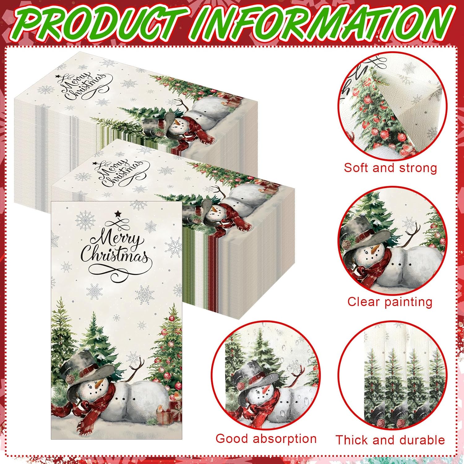 100 Pcs Christmas Snowman Napkins Paper Merry Christmas Guest Napkins Disposable Xmas Paper Hand Towels For Guest Bathroom Dinner Decorative Kitchen Dining Table Party Supplies(White)