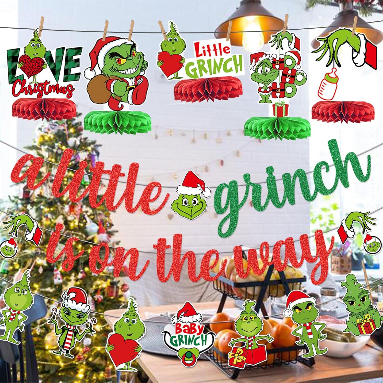 Green Monster Christmas Baby Shower Decorations With Banner Centerpieces Garland For Whoville Gender Reveal Party Supplies