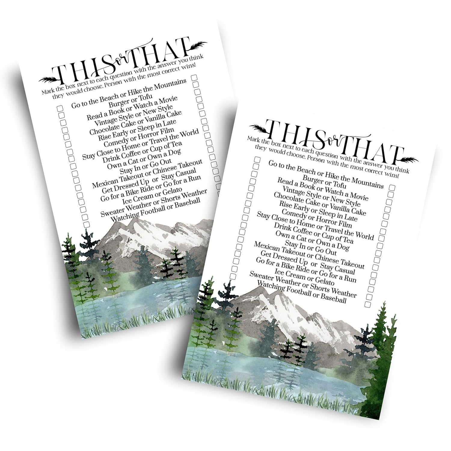 Adventure Bridal Shower Games Would She Rather - 25 Card Pack - Fun This Or That Game For Graduation Parties, Rehearsal Dinners & Birthdays - Mountain Design