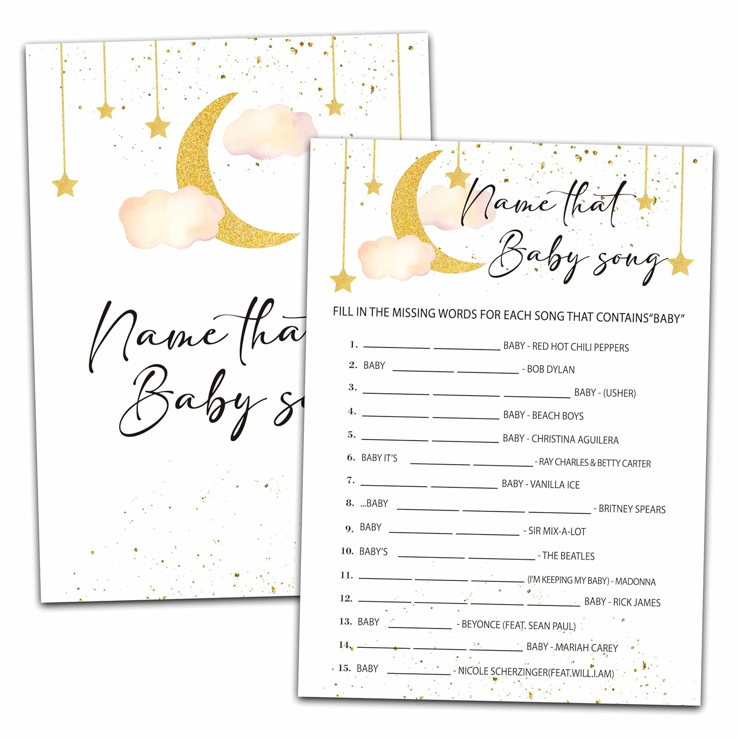 Baby Shower Party Games, Name That Baby Song Minimal Baby Shower Game, 25 Moon And Stars Gender Reveal Party Games Cards (5" X 7"), Over The Moon Baby Shower Supplies Decorations -03