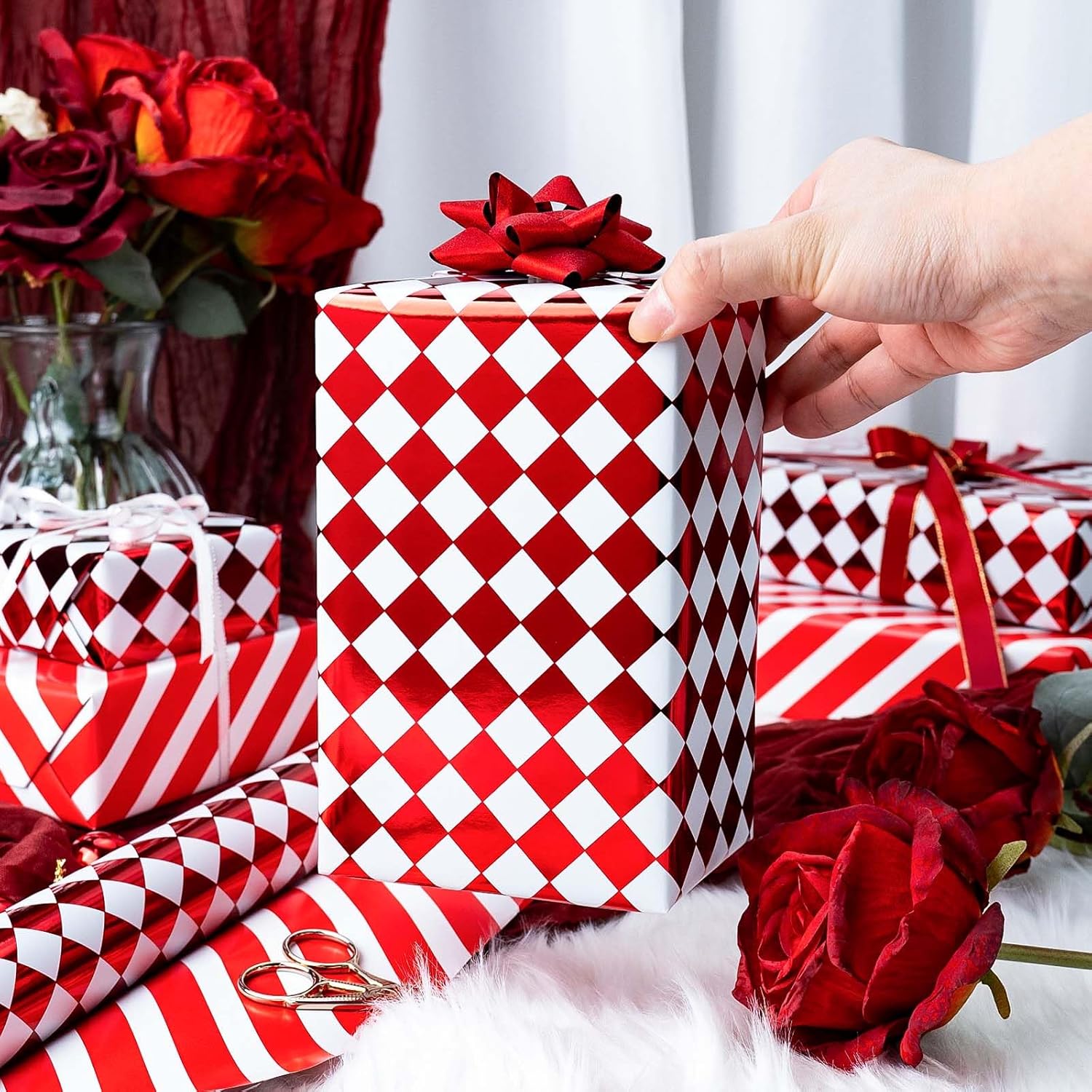 Checkered Wrapping Paper Roll - Red Metallic Foil Diamond & Stripe, Reversible Classic Pattern Gift Wrap For Birthday, Mothers Day, Fathers Day, Wedding, Christmas, Anniversary - Mini Roll - 17 In X 33 Ft