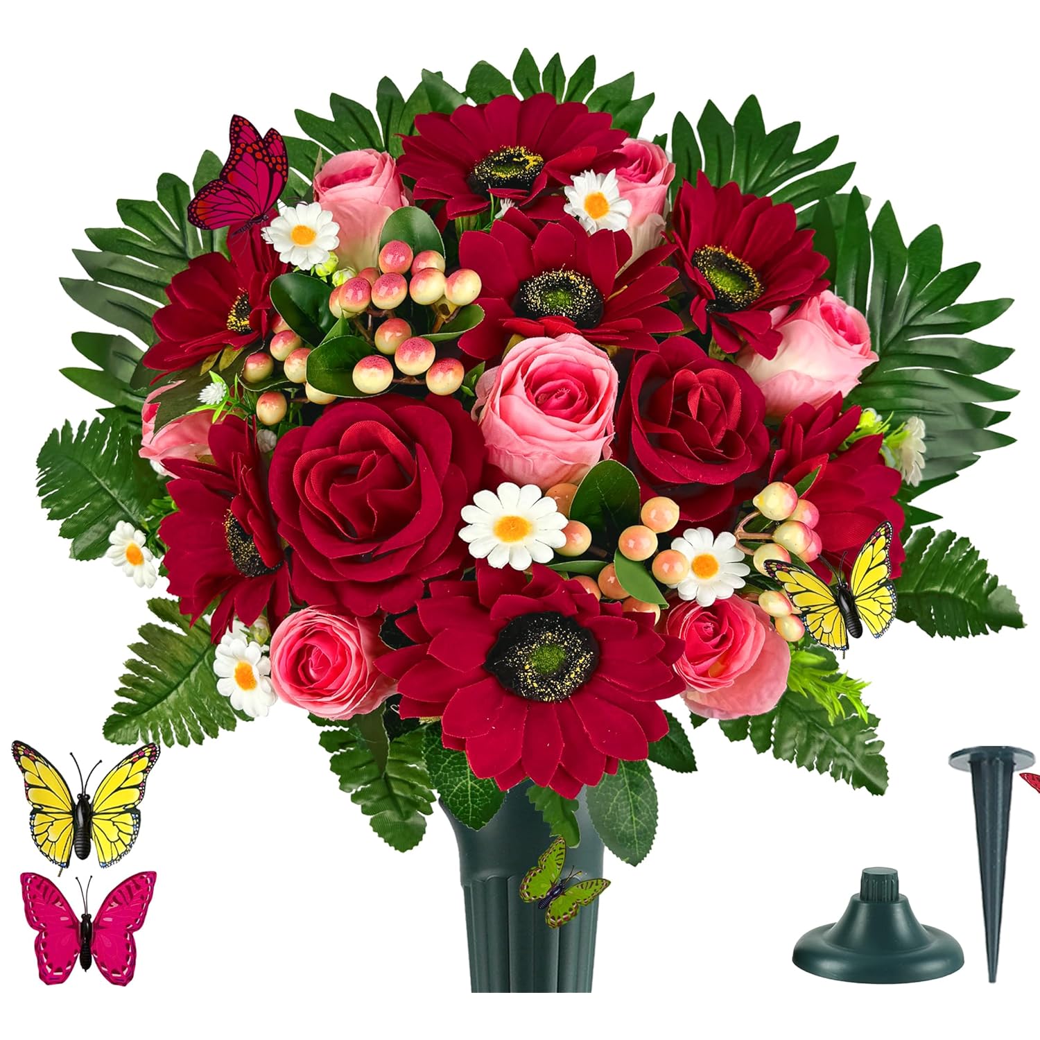 Artificial Cemetery Flowers - Memorial Flowers - Outdoor Grave Flower Decorations,Sympathy Flower With Vase - Red Rose Gerbera Daisy Berry