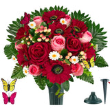 Artificial Cemetery Flowers - Memorial Flowers - Outdoor Grave Flower Decorations,Sympathy Flower With Vase - Red Rose Gerbera Daisy Berry