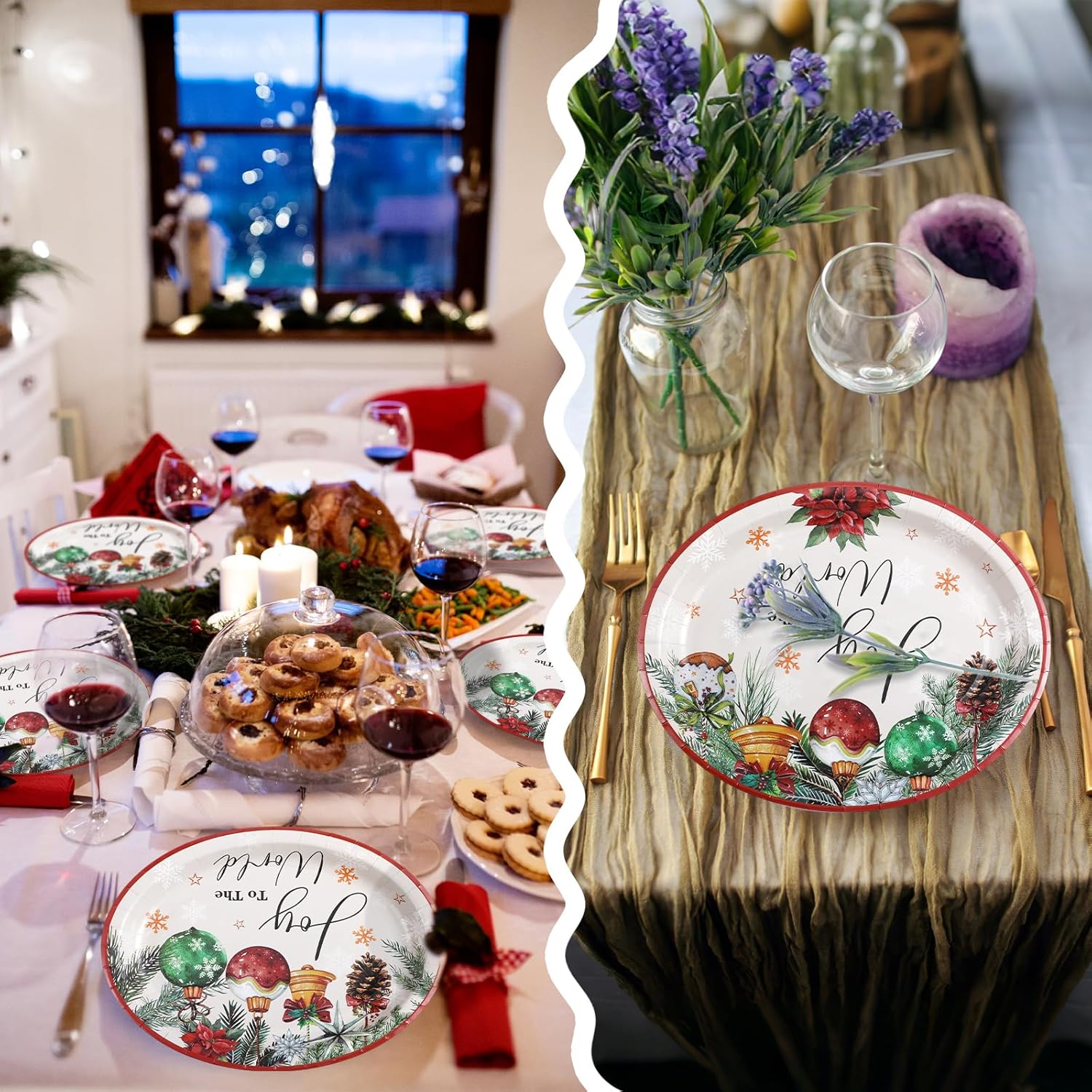 50 Pcs Christmas Oval Paper Plates 11'' Disposable Joy To The World Paper Plates Xmas Balls Tableware Large Christmas Snowflake Decorations For Winter Picnic Tea Party Supplies