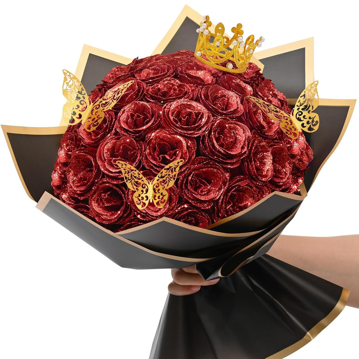 36+20 Glitter Roses Bouquet, Diy Fake Flowers Bouquet, Craft The Initials Of Your Loves' Name With Artificial Rose Bouquet For Valentines, Anniversary, Wedding, Red & White
