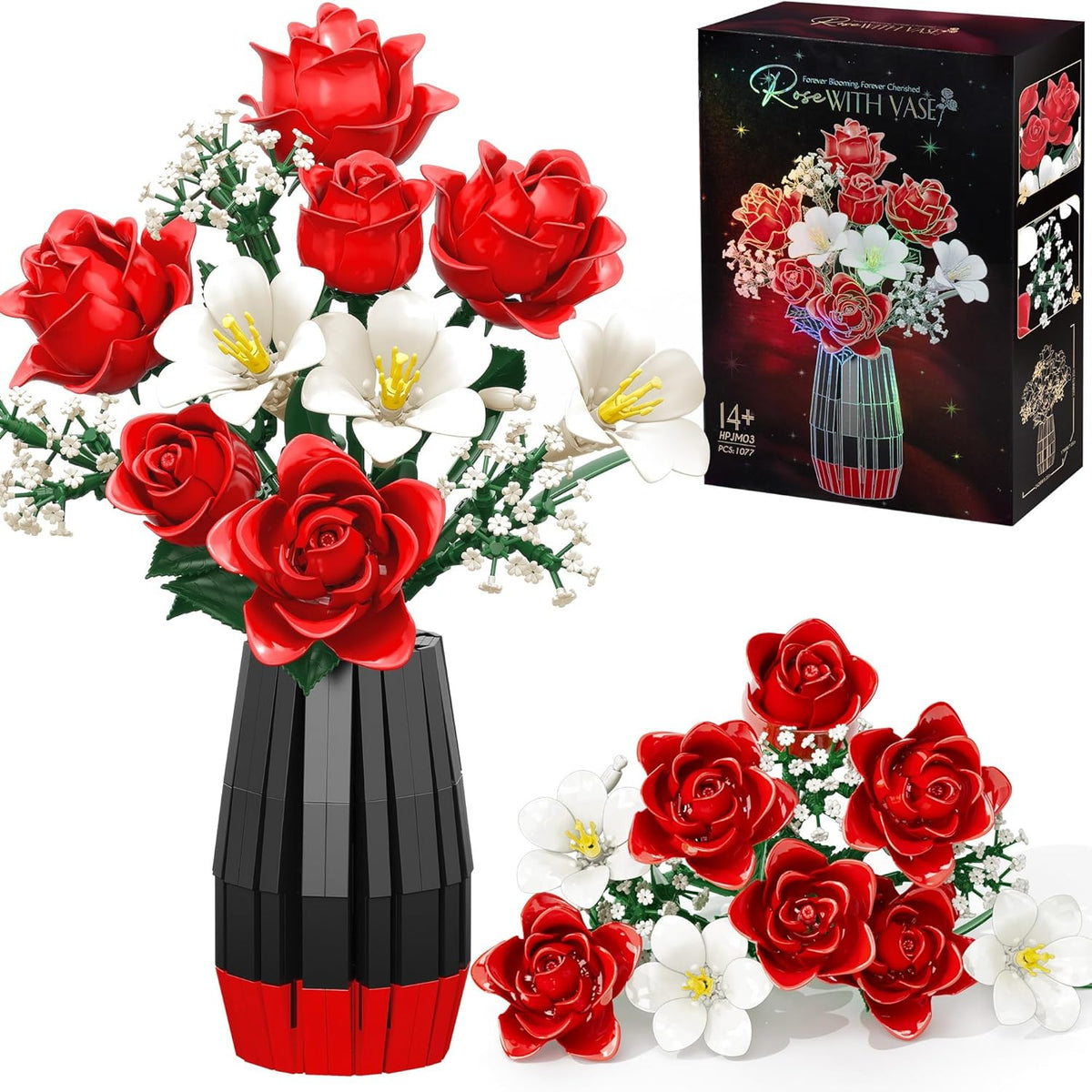 Roses Flower Bouquet Building Blocks With Vase, Valentines Day Gifts For Her Wife Him, 1077Pcs Botanical Collection Artificial Flower Birthday Gifts For Women Men Husband Mom Teen Girls Teacher Adults