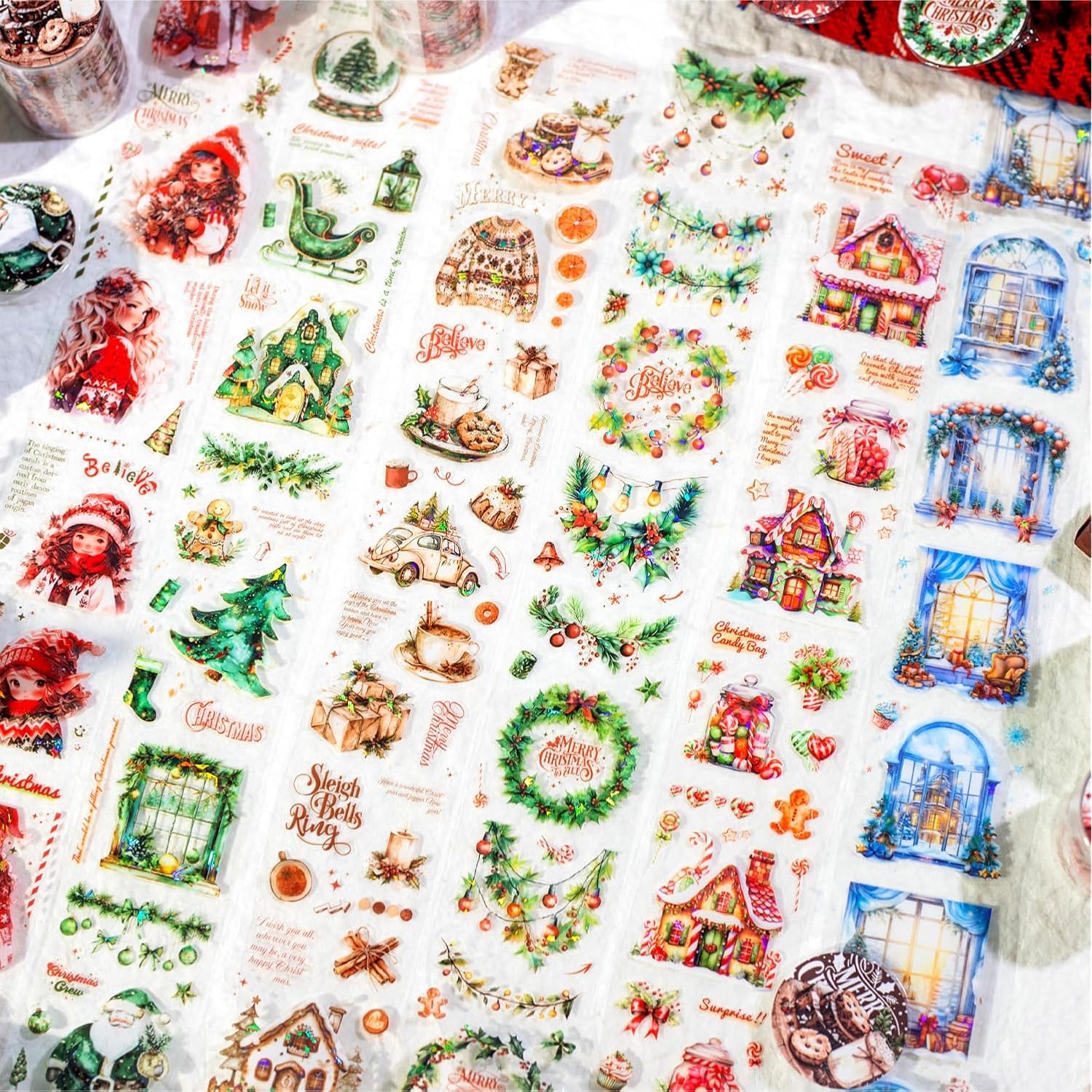 6 Rolls Christmas Washi Tape Set Pet Christmas Tape Stickers For Journaling, Scrapbooking, Decorative Tape For Diy Crafts Supplies Junk Journal Wide Washi Tape (Xmas 2)