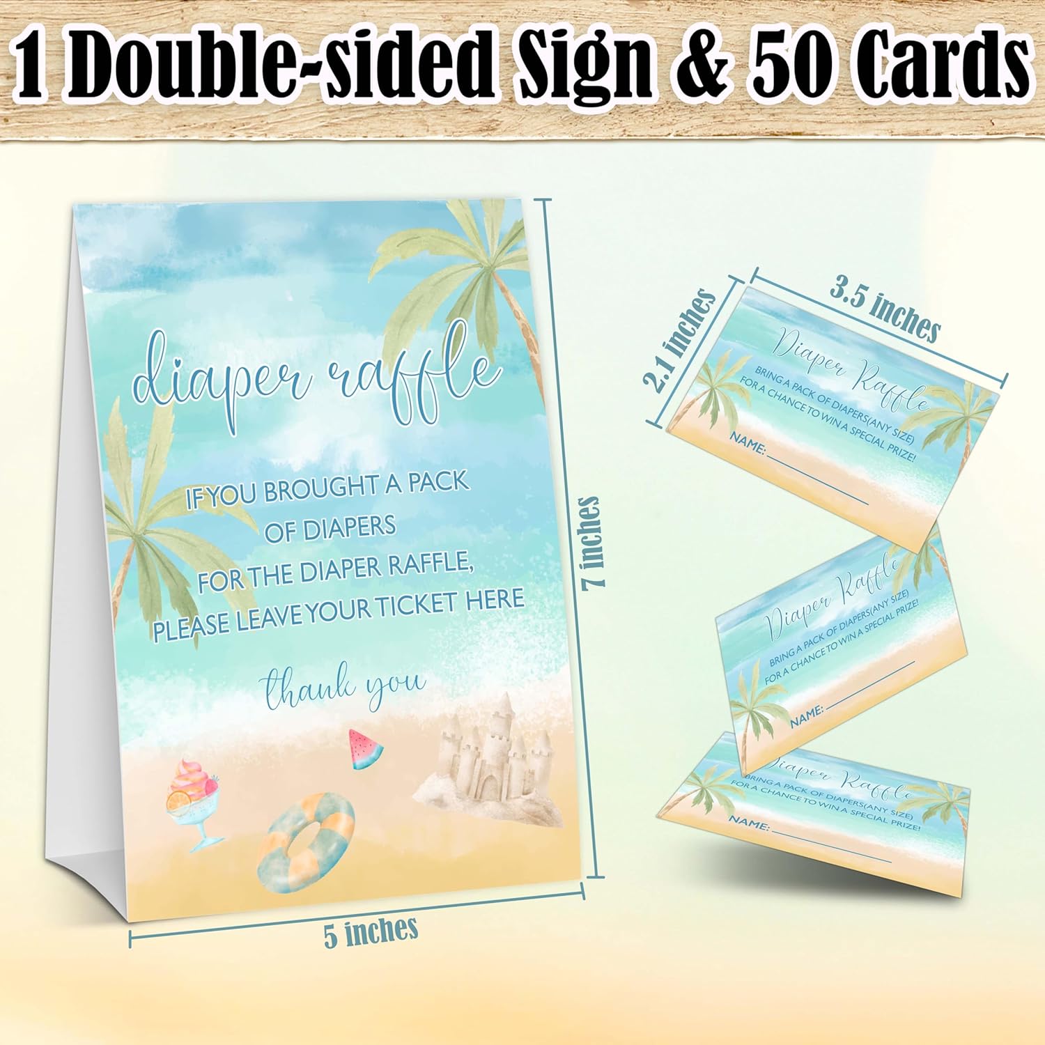 Summer Beach Baby Shower Games, Blue Ocean Diaper Raffle Tickets, Gender Reveal Party Decorations And Supplies, 1 Sign And 50 Cards Game Set-A09
