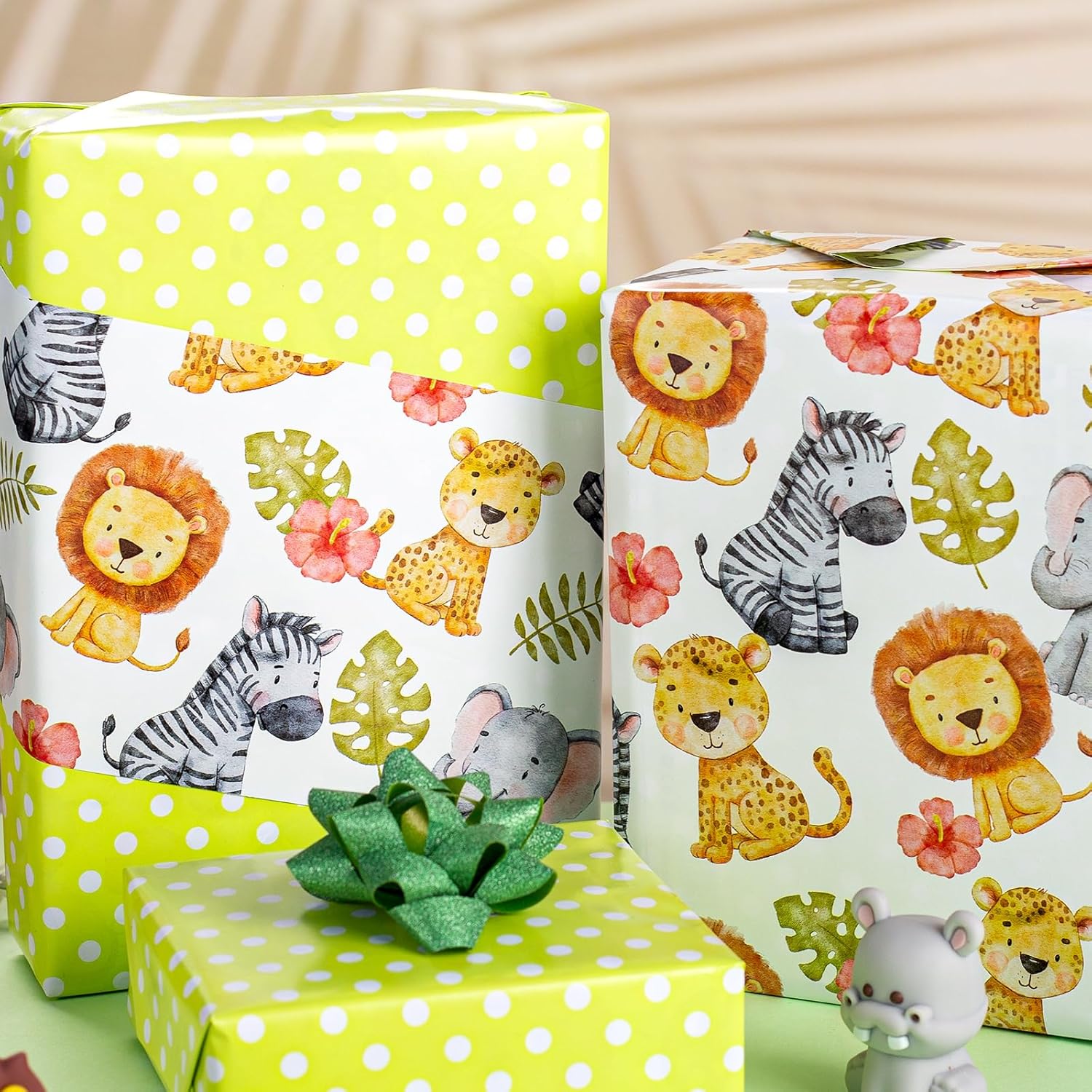 Avocado Green Baby Shower Wrapping Paper,Reversible Cute Personalized Safari Animal Polka Dot Newborn Gift Wrap For Baby Shower, Kids Girls Boys Birthday (17 In X 32.8 Ft)