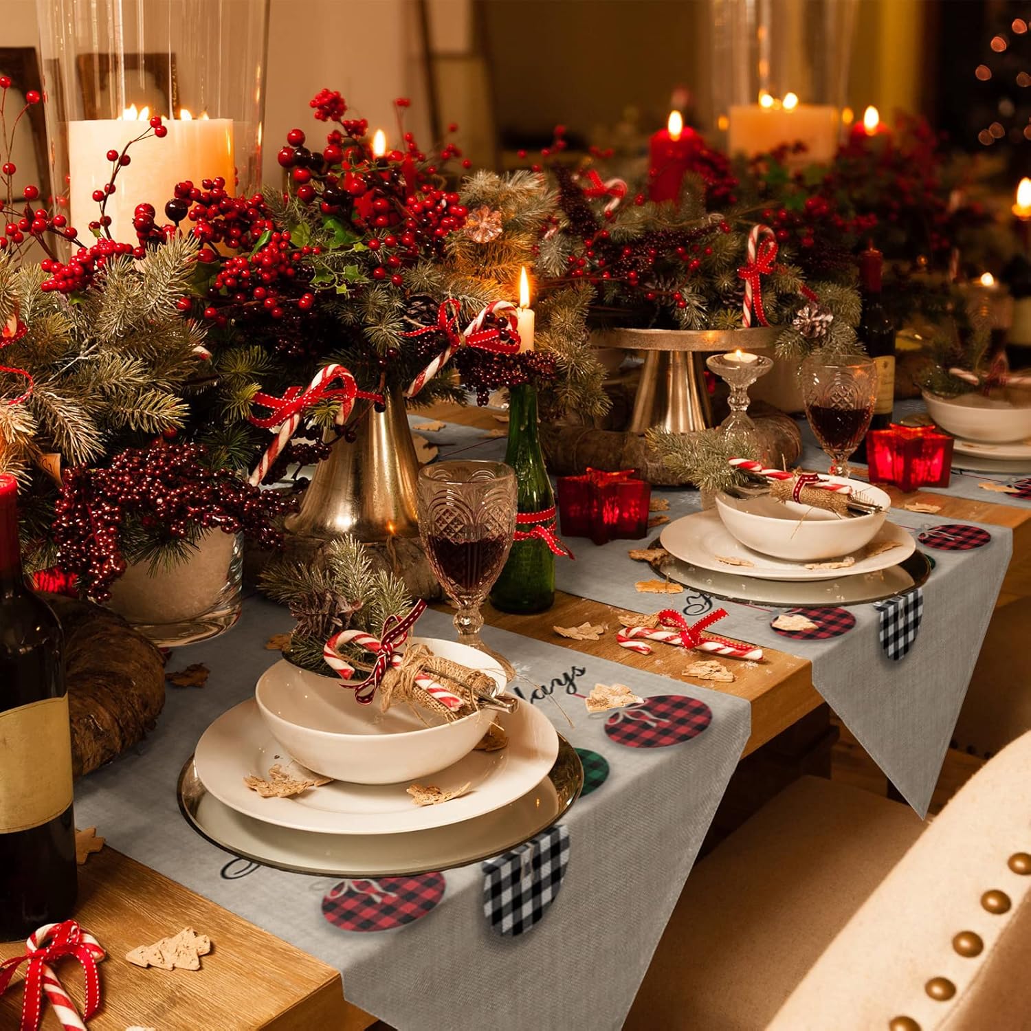 Christmas Theme Table Runners Cotton Linen Farmhouse Rustic Ornaments Plaid Balls Non-Slip Party Decorations Dresser Scarf For Kitchen ,Home ,Dining Table ,Outdoor,13X70 Inches Long Happy Holidays