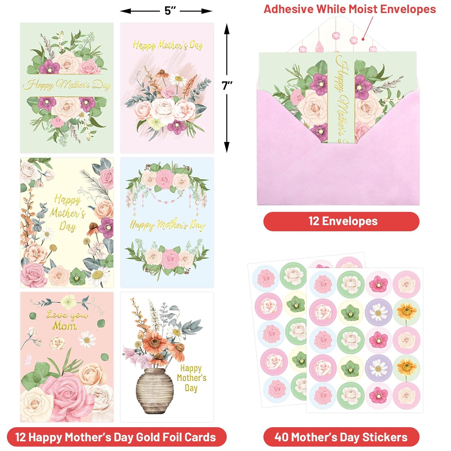 Happy Mothers Day Cards With Envelopes 12Pcs Gold Foil Mother'S Day Gift Cards Boho Floral Blank Inside