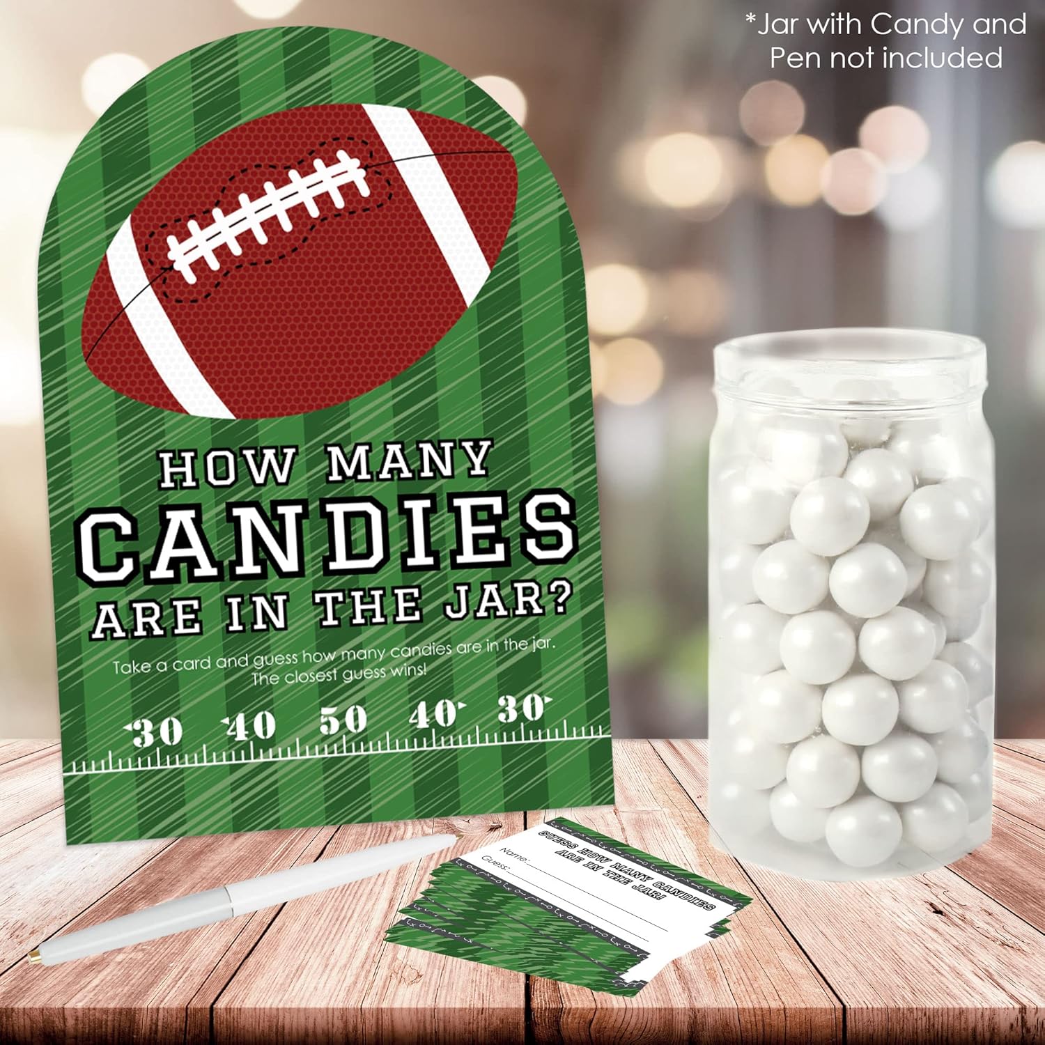 Big Dot of Happiness End Zone - Football - How Many Candies Baby Shower or Birthday Party Game - 1 Stand and 40 Cards - Candy Guessing Game