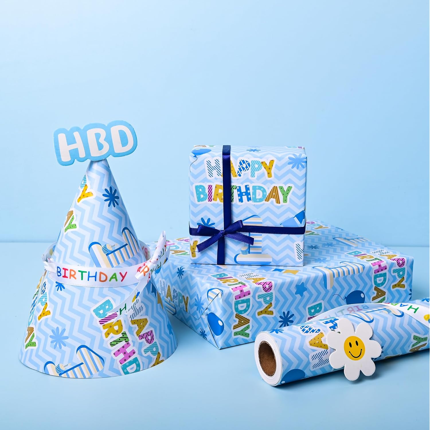 1St Birthday Wrapping Paper Roll - Blue Happy Birthday With Balloon Gift Wrap Sheets For Kids Boys Baby Shower Party Decoration Celebration Total 28.5Sq.Ft