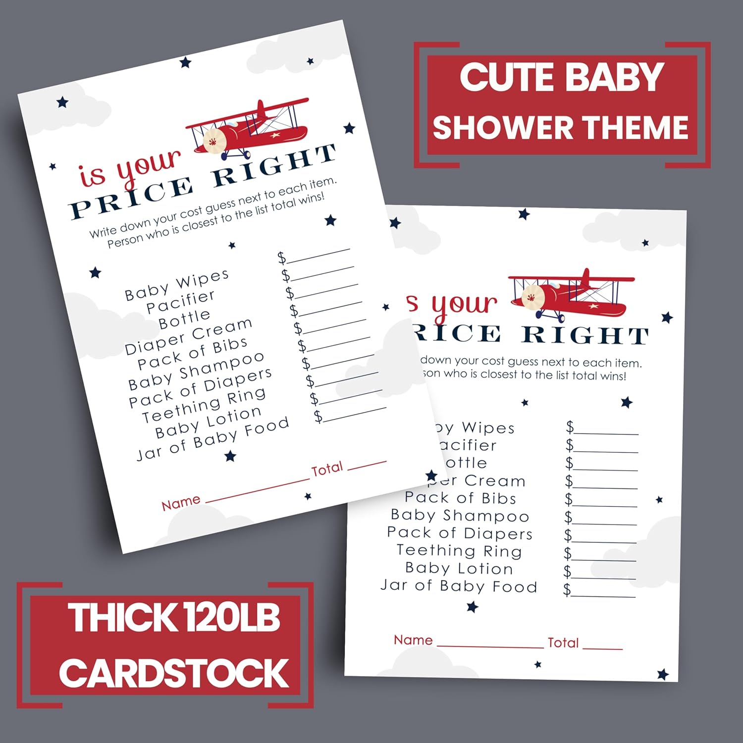 Airplane Baby Shower Games For Boys - 25 Guess The Price Is Right Cards - Fun Activities For Guests With Prizes - Taking Flight Theme In Red And Blue