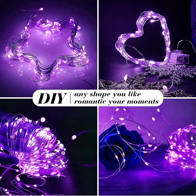 8 Pack Purple Fairy Lights Battery Operated 7FT 20 LED Silver Wire Twinkle String Lights for DIY Crafts Wedding Party Bedroom Christmas Decoration