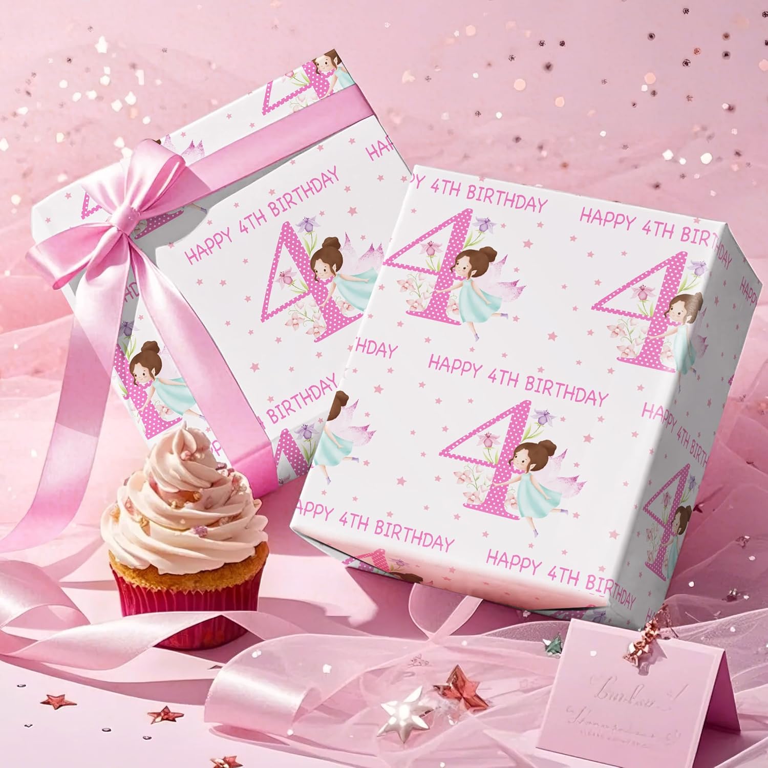 Girls 4Th Birthday Wrapping Paper Roll - Mini Roll - 17 Inch X 16.5 Feet - Girl Fairy Happy 4Th Birthday Wrapping Paper Perfect For Kids Girls, Baby Shower, Party