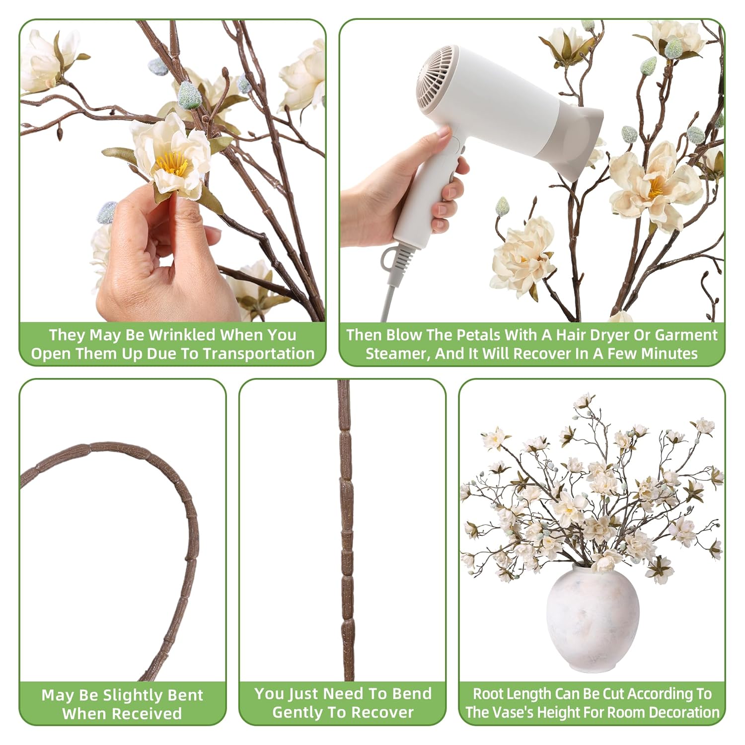 3Pcs Artificial Magnolia Flowers Stems For Spring Decoration, Faux Champagne Magnolia Branches With Buds, 34.5" Long Stems Floral Arrangement For Vase Pot Table Centerpiece Indoor Decor