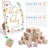 79 Pcs Wood Baby Blocks For Baby Shower Games Decorate, Including 1 Block Floral Boho Sign 54 Diy Blank Blocks 24 Pens, For Activities, Gender Reveal,3