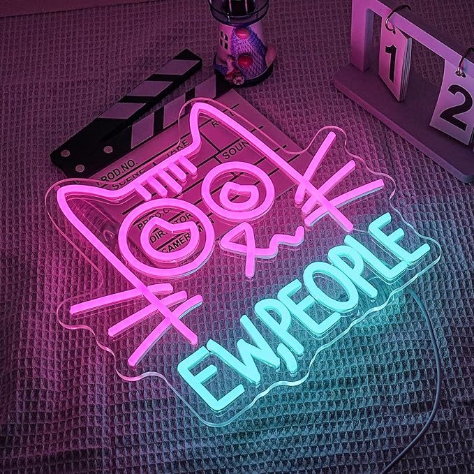 “Ew, People” Cat Neon Sign LED Wall Light Anti Social Introvert Decor for Bedroom Library Shop Mall