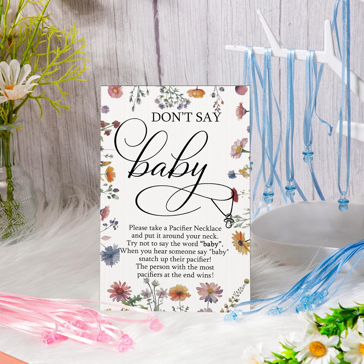 51 Pcs Don'T Say Baby Shower Game Supplies Include 50 Pacifier Necklace With 1 Wooden Don'T Say Baby Game Sign Gender Reveal Party Supplies For Guests(Wildflowers)