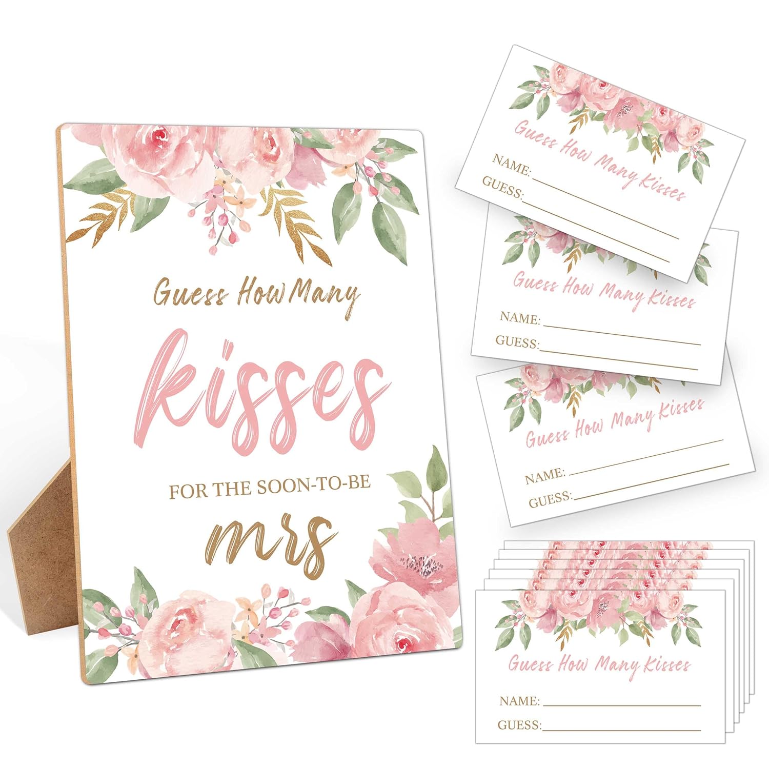 How Many Kisses Bridal Shower Games, How Many Kisses For The Soon To Be Mrs, 1 Wooden Sign With 50 Cards, Pink Flowers Guessing Game For Wedding, Bachelorette Party, Engagement Decoration