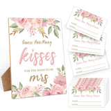 How Many Kisses Bridal Shower Games, How Many Kisses For The Soon To Be Mrs, 1 Wooden Sign With 50 Cards, Pink Flowers Guessing Game For Wedding, Bachelorette Party, Engagement Decoration