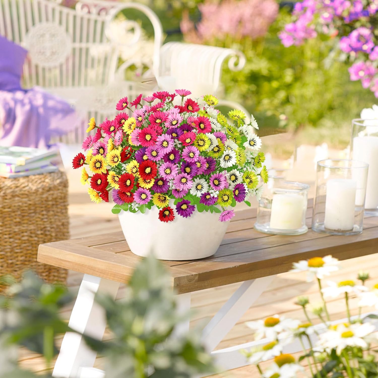 Artificial Flowers For Indoor Outdoors, 4 Bundles Faux Silk Daisy Lower Uv Resistant Fake Plastic Plants For Spring Summer Hanging Planter Table Vase Window Garden Porch Balcony Home Decor