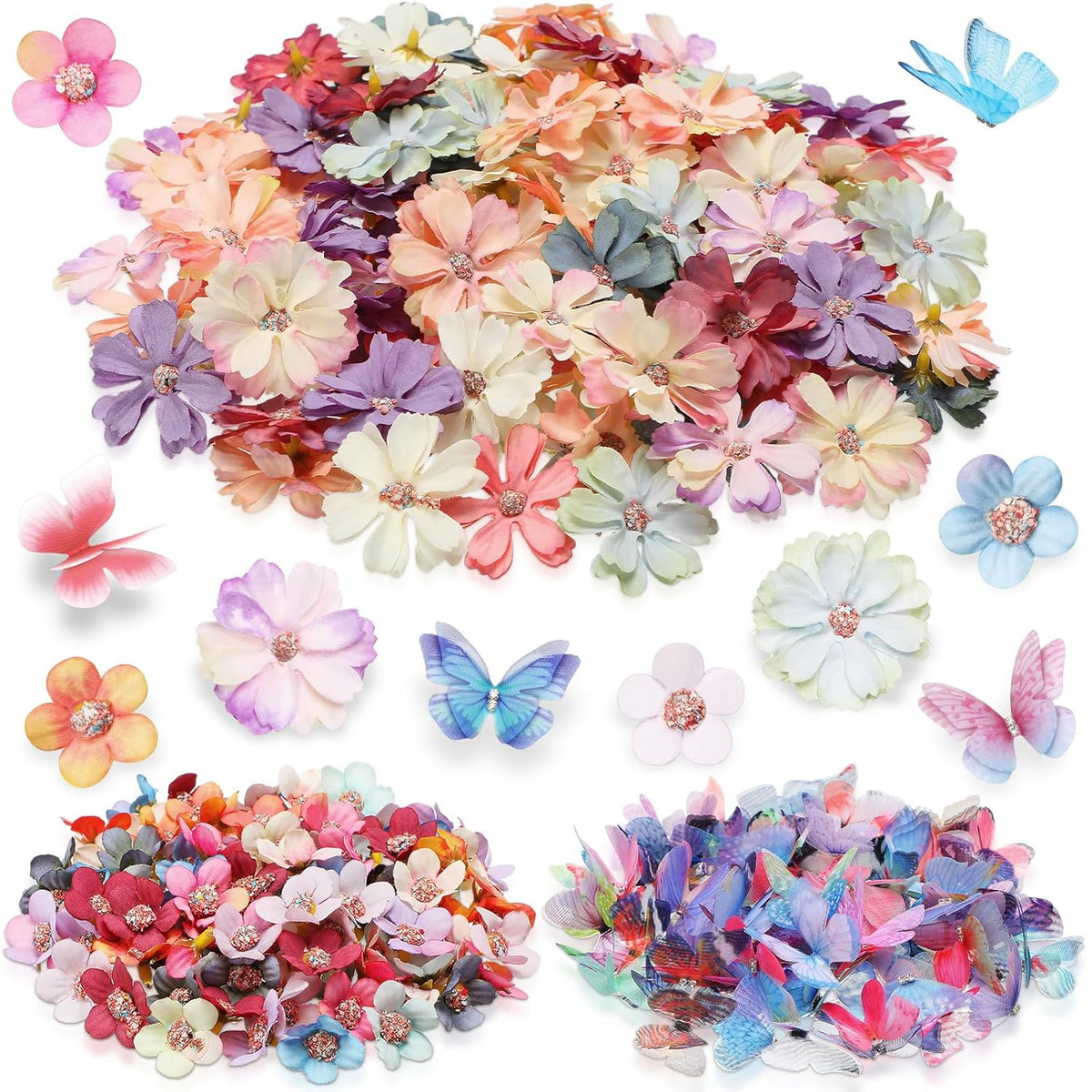 250 Pcs Faux Flower Heads Organza Butterfly Set Includes 200 Silk Daisy 50 Butterfly Embellishments Artificial Flowers Heads 3D Butterflies For Diy(Bright Colors)