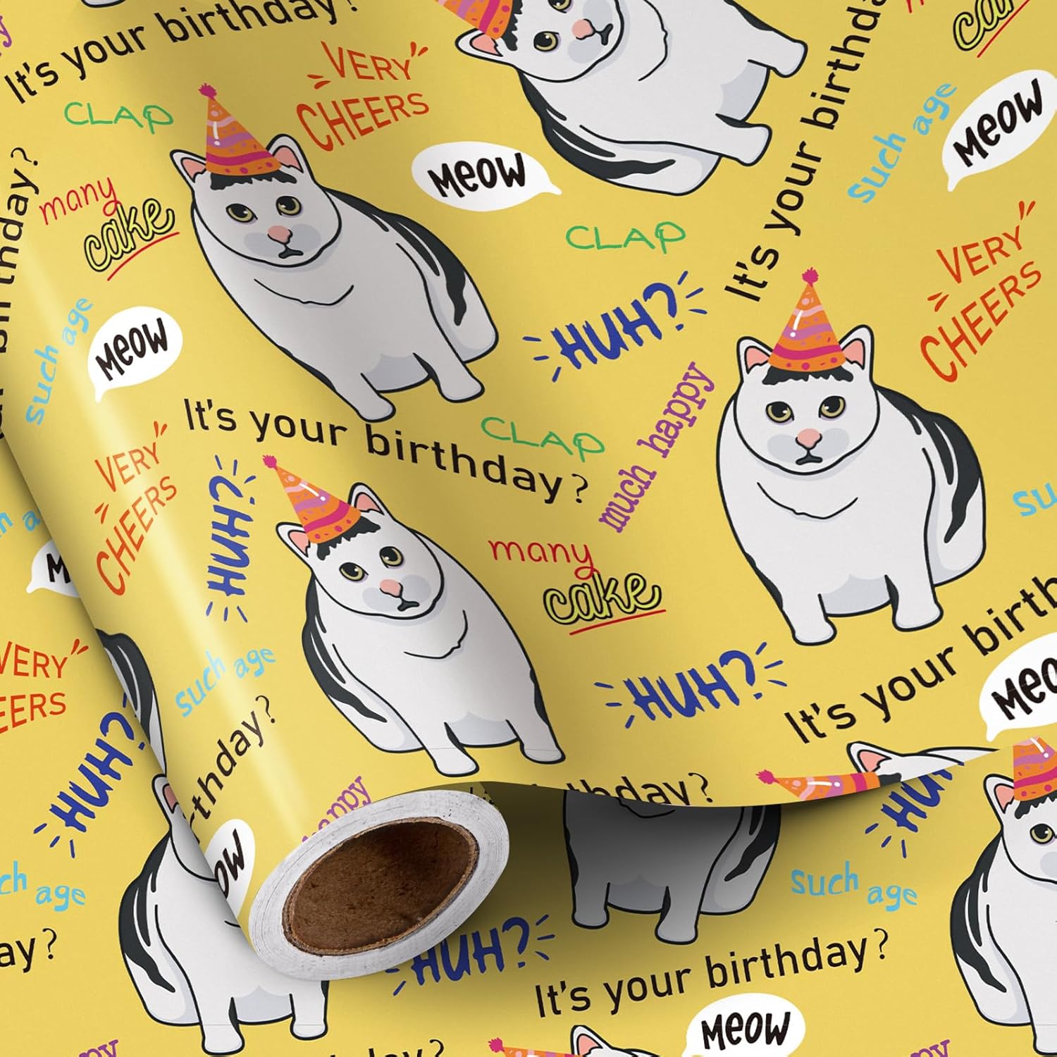 Funny Birthday Wrapping Paper - Mini Roll - Happy Birthday Cats Pattern For Party Gift Wrap And Special Occasions - 17 Inches X 16.4 Feet
