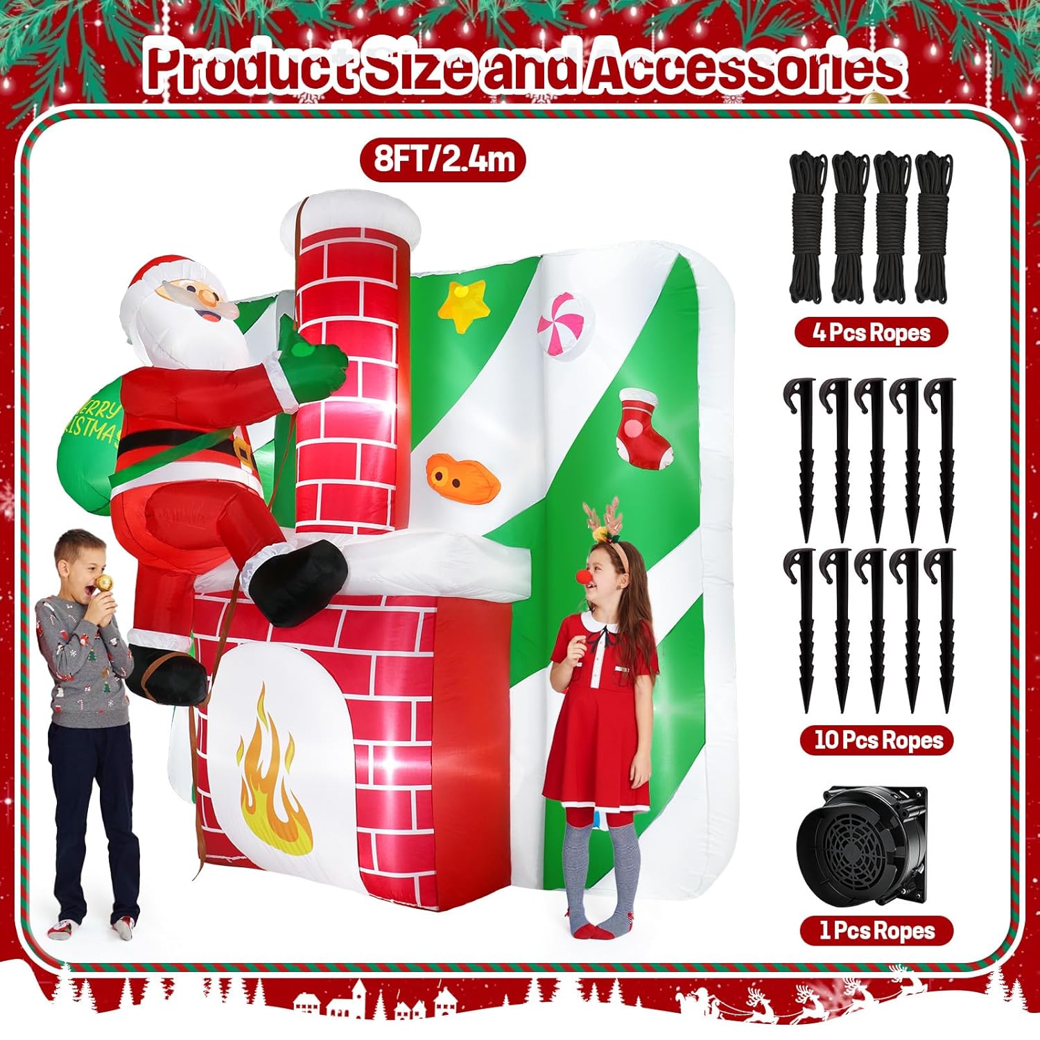 Christmas Santa Claus Inflatables Outdoor, 8Ft Inflatable Santa Claus Climbing The Chimney With Gift Bag, Xmas Blow Up Y