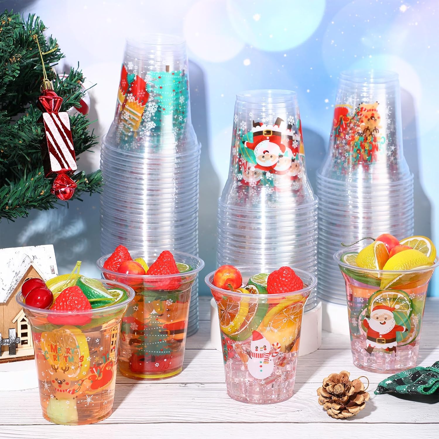 100 Pcs 12Oz Christmas Cups Disposable Plastic Cups Santa Christmas Tree Wreath Clear Drinking Cup Drinkware Party Decorations Party Supply For Beer Beverage Snacks Ice Cream