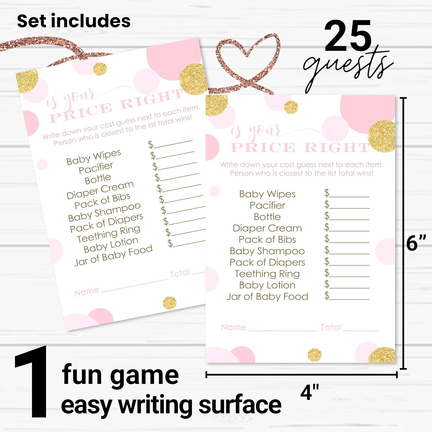 Pink And Gold Baby Shower Games Girl - Guess The Price Is Right Baby Shower Activities For Guests Prizes, Twinkle Little Star Theme Ideas Princess, 4X6, 25 Cards