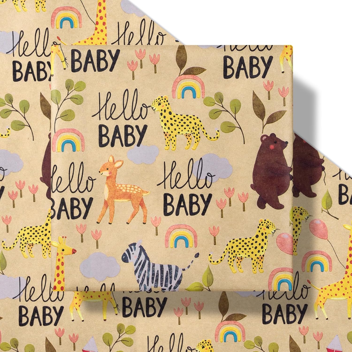 Baby Shower Wrapping Paper Roll - 17 Inches X 16.4 Feet - Cute Animal Design On Kraft Paper - Ideal For Baby Boy Or Neutral Gift Wrapping, Kids' Birthday Party And Baby Shower