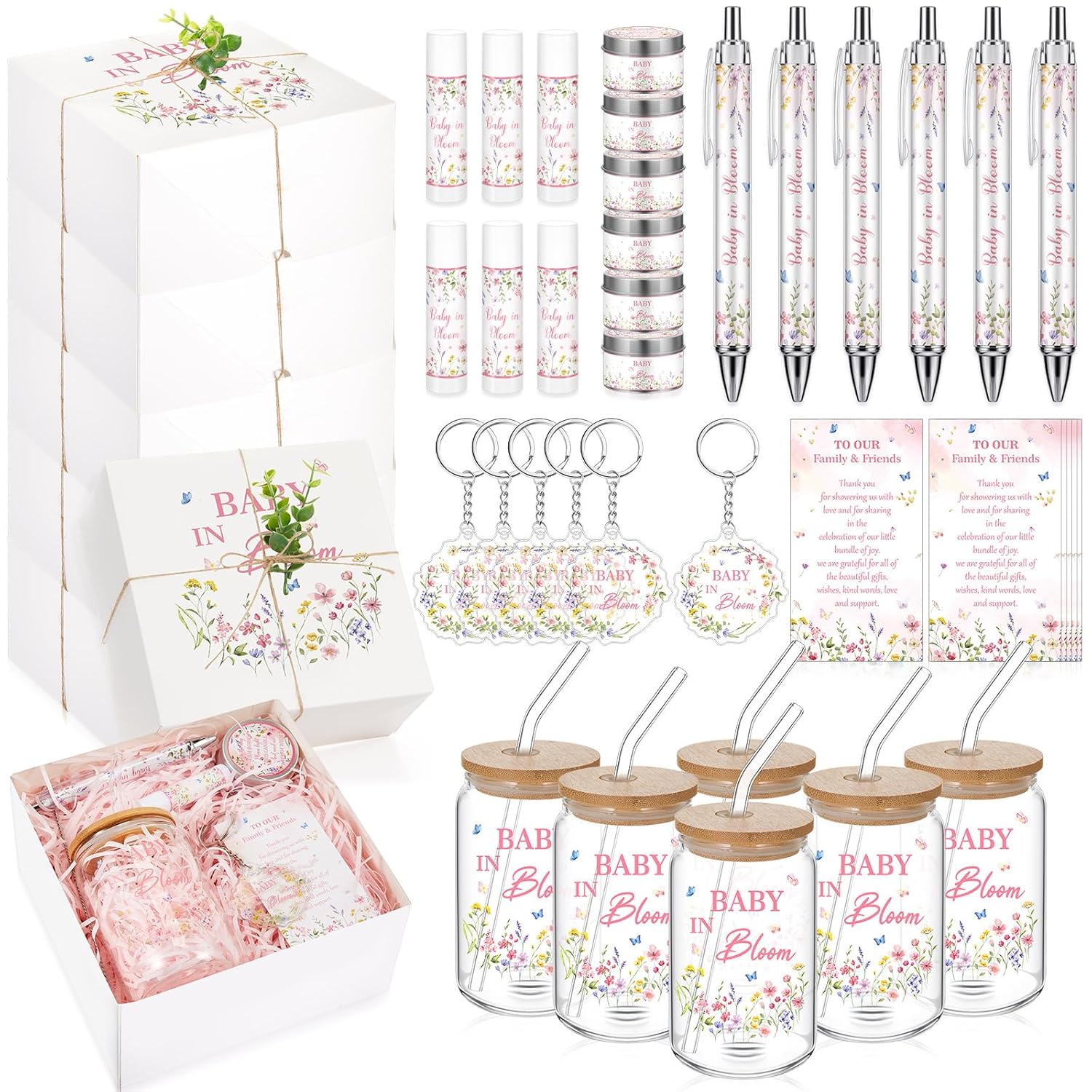 6 Sets 72 Pcs Baby Shower Prizes For Game Favors Include Glass Cups Baby Shower Winners Present Box Lipstick Pen Candle Keychain Guests Wedding Gift(Wildflower)