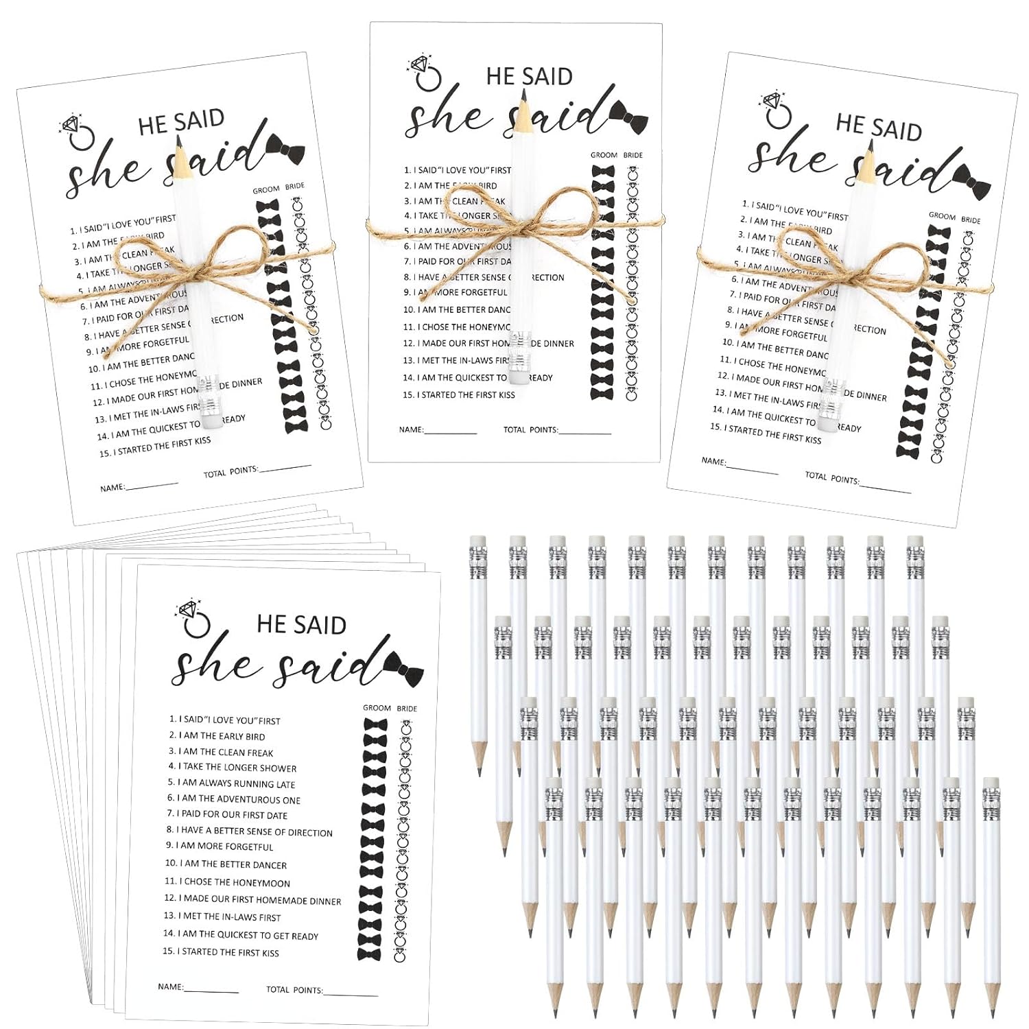 50 Pack He Said She Said Bridal Shower Game For 50 Guests, Include 50 Pcs Wedding Game Cards And 50 Pcs Pencils With Erasers For Wedding Shower Party Supplies (White)