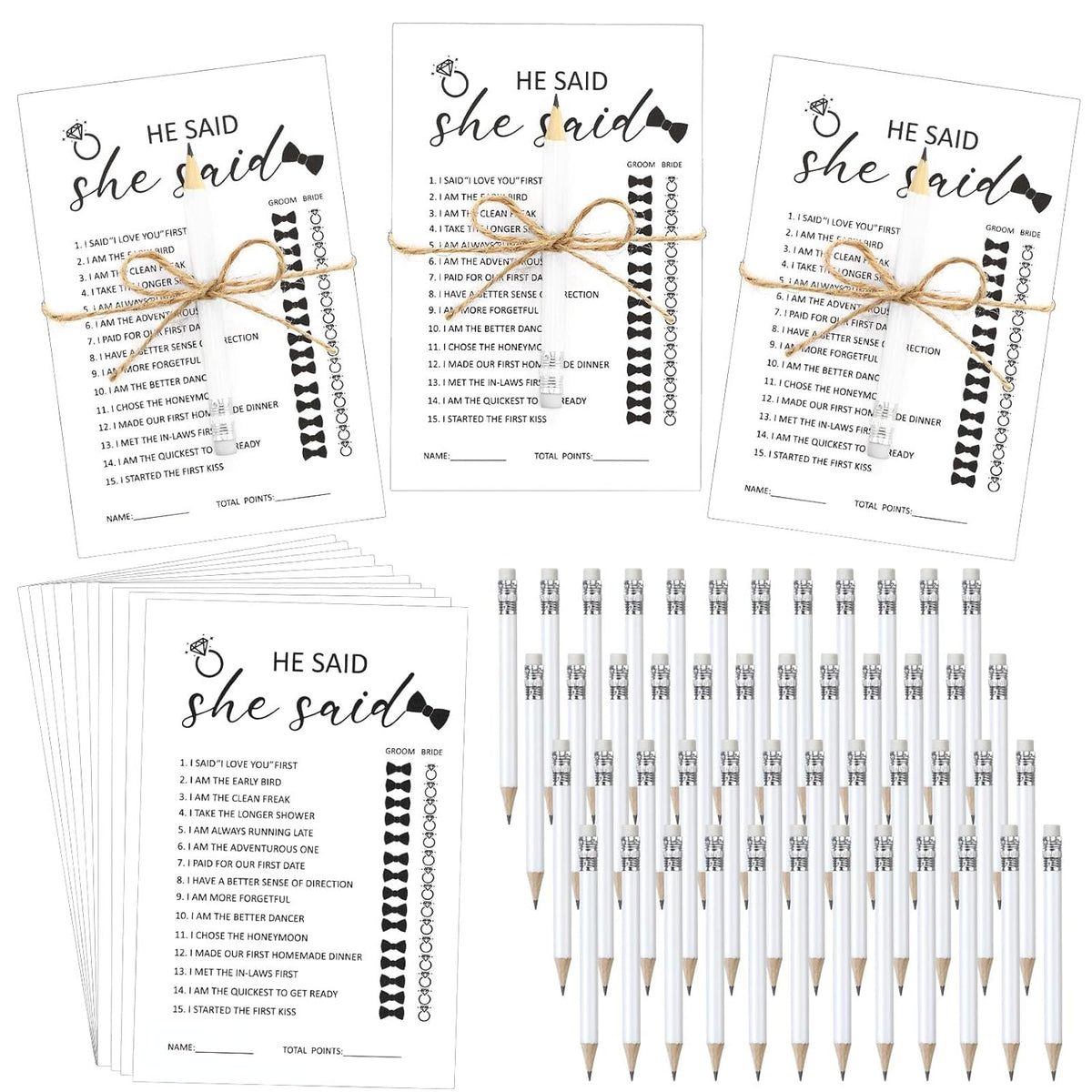 50 Pack He Said She Said Bridal Shower Game For 50 Guests, Include 50 Pcs Wedding Game Cards And 50 Pcs Pencils With Erasers For Wedding Shower Party Supplies (White)