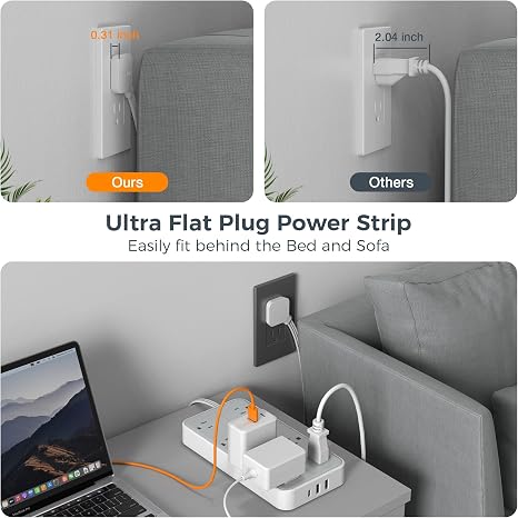 Surge Protector Power Strip with 8 Outlets 3 USB Ports 1 USB C 1080J Flat Plug Extension Cord