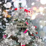 12 Pcs Silver Poinsettia Flower Artificial Poinsettias With Clips, Xmas Flower Decor With Stems, Glitter Poinsettia Christmas Ornaments Christmas Tree Decorations, Diy Xmas Wreath Home Party Decor