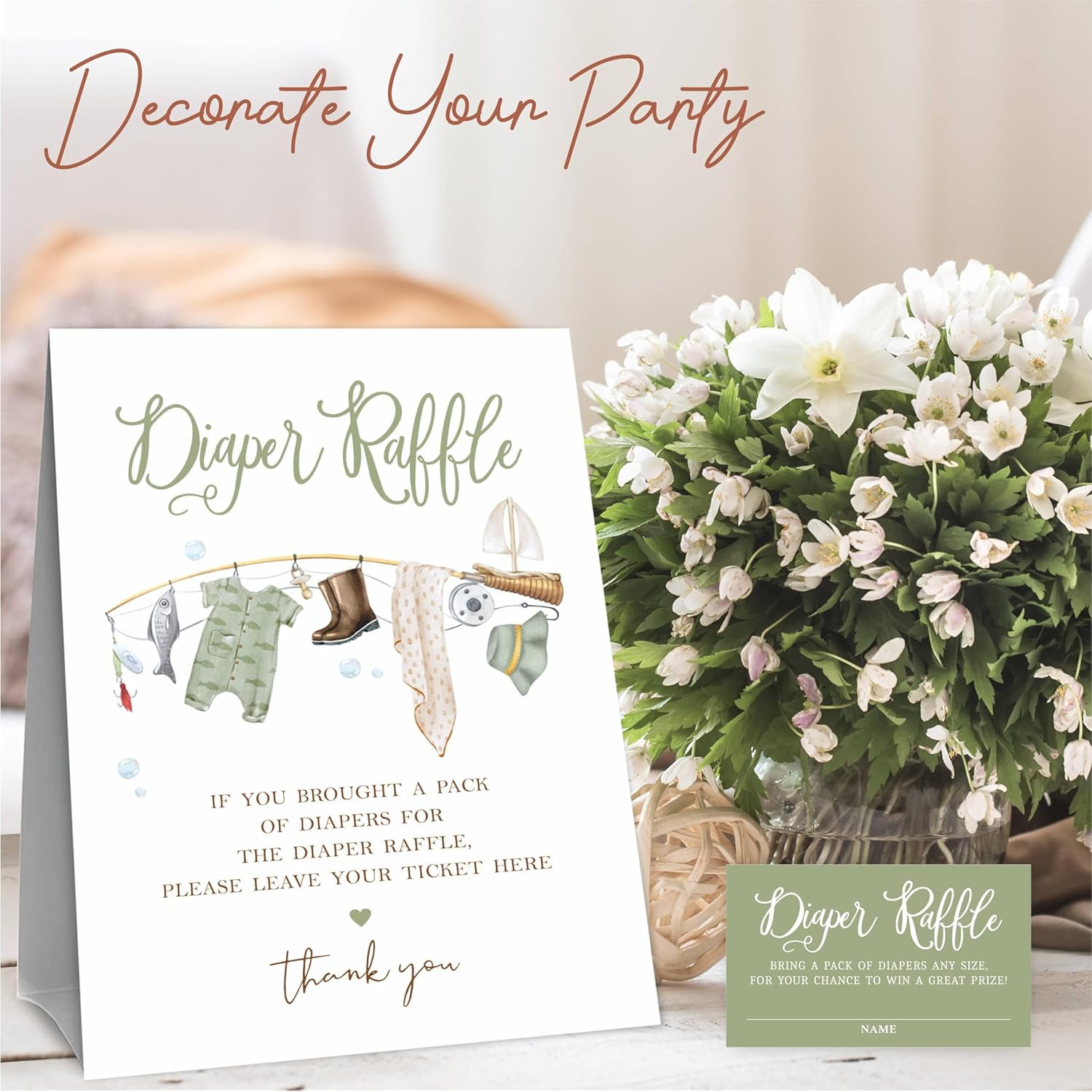 Fisherman Diaper Raffle Game Kit - Fishing Rod & Sign, 50 Tickets, Decorations For Baby Shower, Gender Reveal & Neutral, Party Favor & Supplies - A09