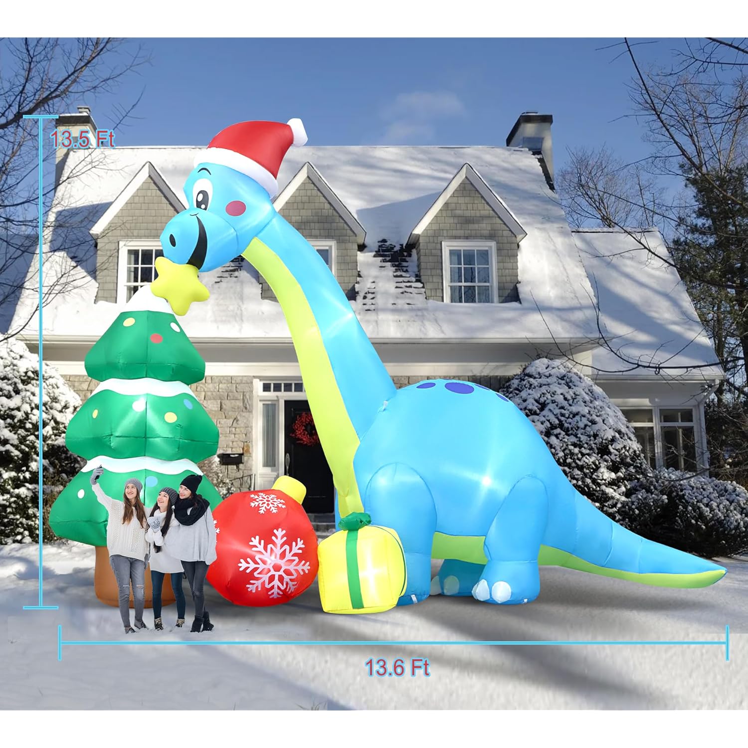 13.6 Ft Long Christmas Inflatable Decorations, Huge Xmas Inflatable Dragon Dinosaur With Trees Gift Hats Decors Built-In