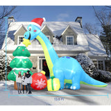 13.6 Ft Long Christmas Inflatable Decorations, Huge Xmas Inflatable Dragon Dinosaur With Trees Gift Hats Decors Built-In