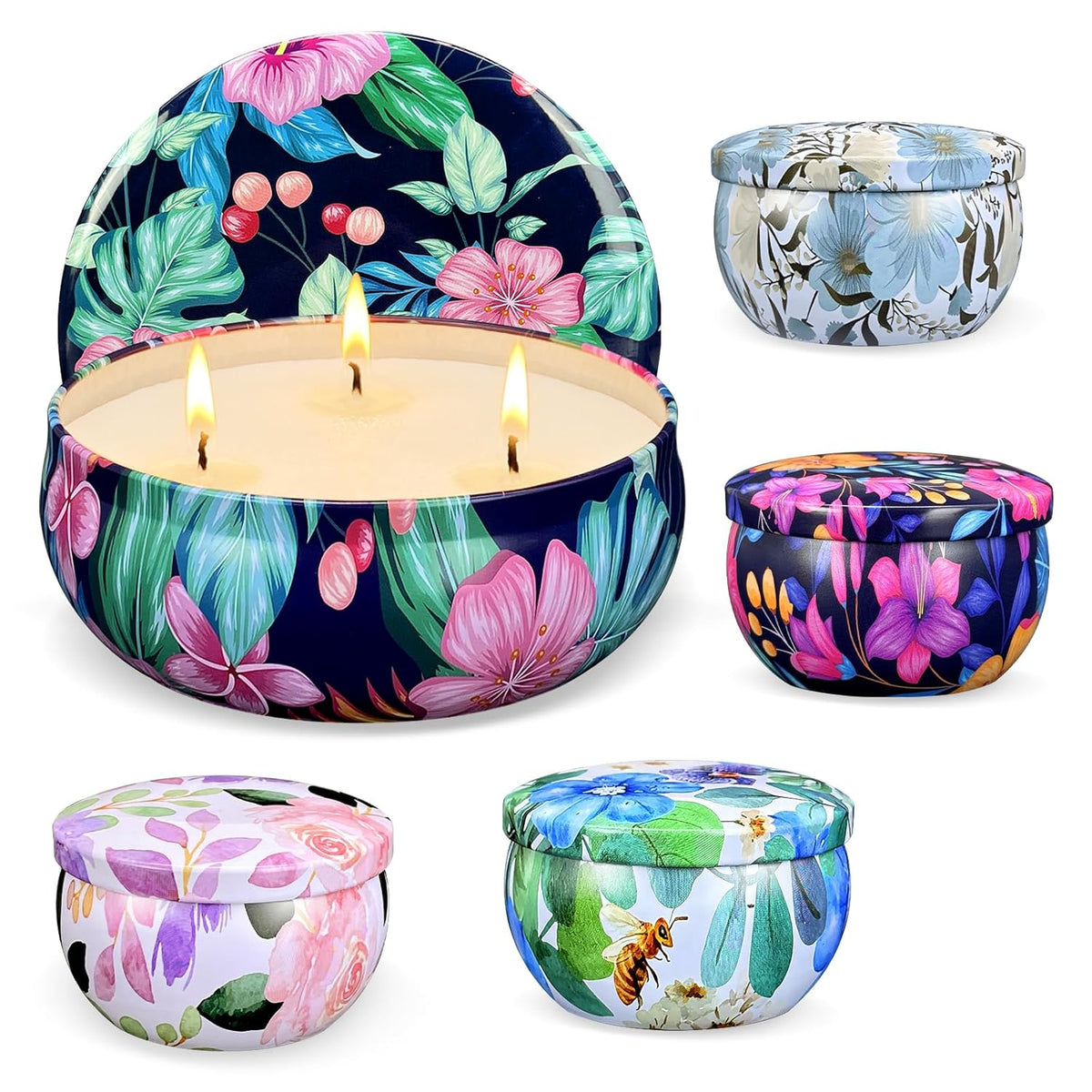 Scented Candle Set (5 Pieces - 1 Large 4 Small), Soy Wax Scented Candle, Portable Tin Candle With Lid, Christmas Thanksgiving Candle Gift Basket For Friends And Colleagues