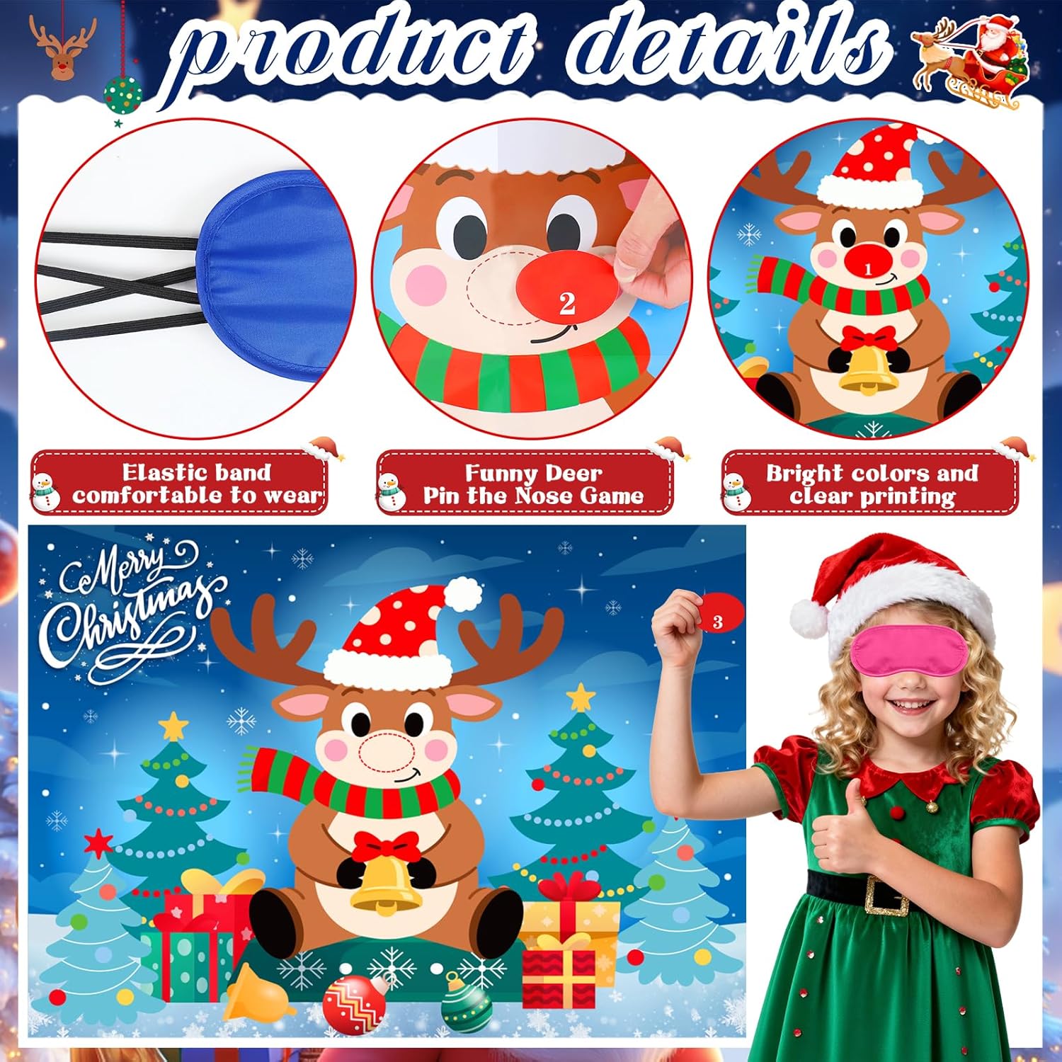Christmas Party Games For Kids & Family Christmas Pin The Tail Games For Kids Pin Nose On Reindeer Games Includes Christmas Poster Christmas Tattoo Stickers Red Nose Stickers Eye Masks