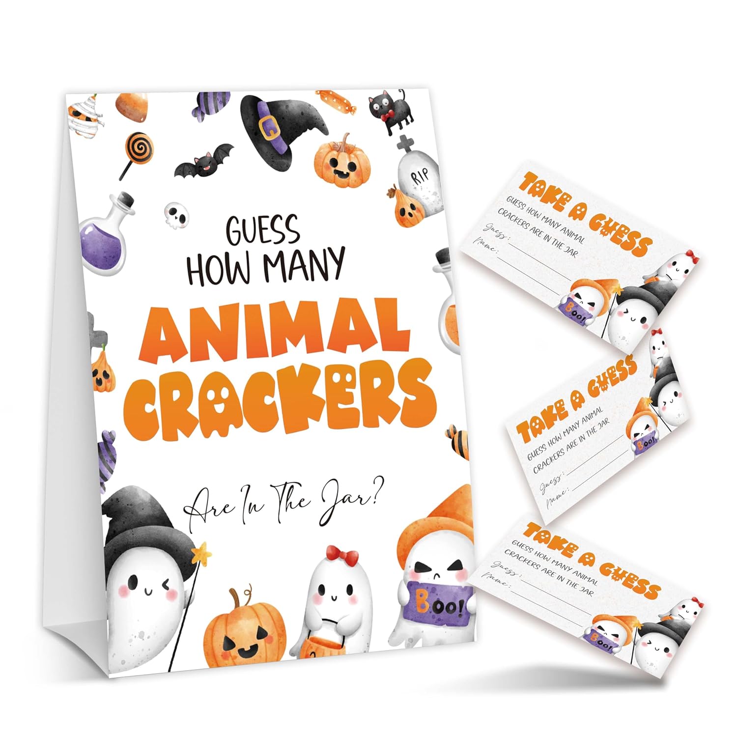 Halloween Baby Shower Games, Spooky Guess How Many Animal Crackers For Pumpkin Gender Reveal Party Supplies Decorations, 1 Standing Sign + 50 Tickets - A05