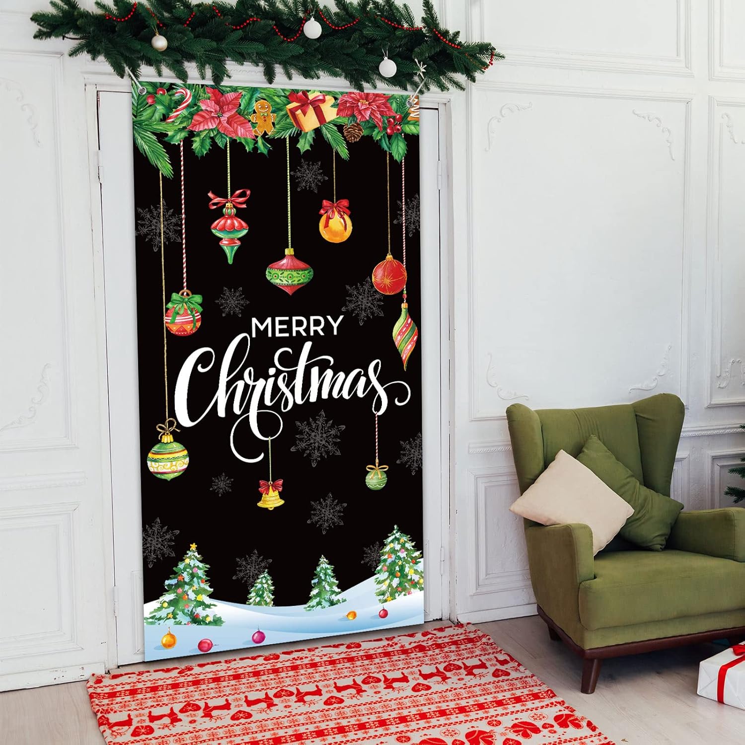 Merry Christmas Door Cover 35 X 71 Inch Christmas Ball Door Cover Backdrops Xmas Tree Banner Background Xmas Snowflake Porch Hanging Decorations(Black)