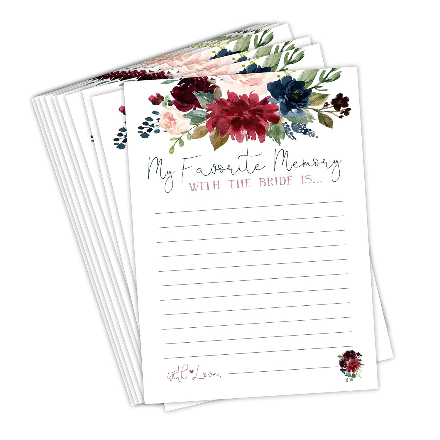 Navy Burgundy Floral Bridal Shower Memories Game - 50 Pack Of Favorite Memories Cards For The Bride - Elegant Keepsake Activity For Guests At Bridal Showers, Engagement Parties