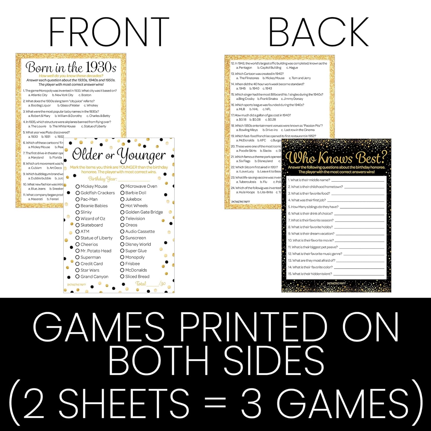 Black And Gold 90Th Birthday Game Bundle - Set Of 3 Birthday Party Games For 20 Guests, Born In The 1930S Theme
